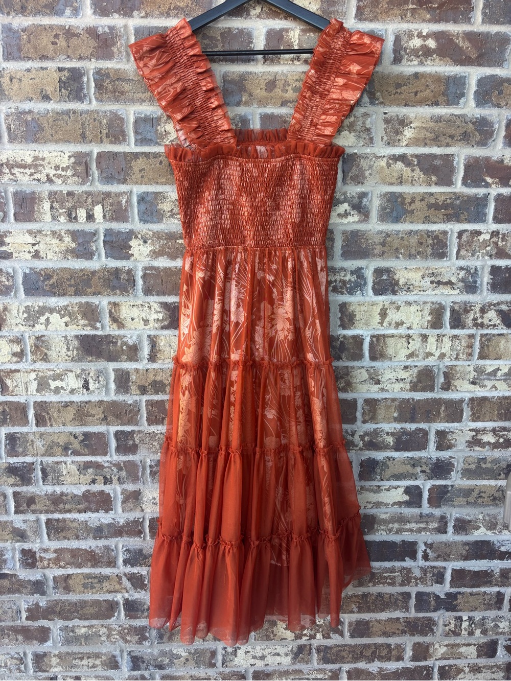 Gorgeous Baltic Born Terracotta Floral Midi Dress Smocked Ruffle Tiered Boho - Picture 11 of 11